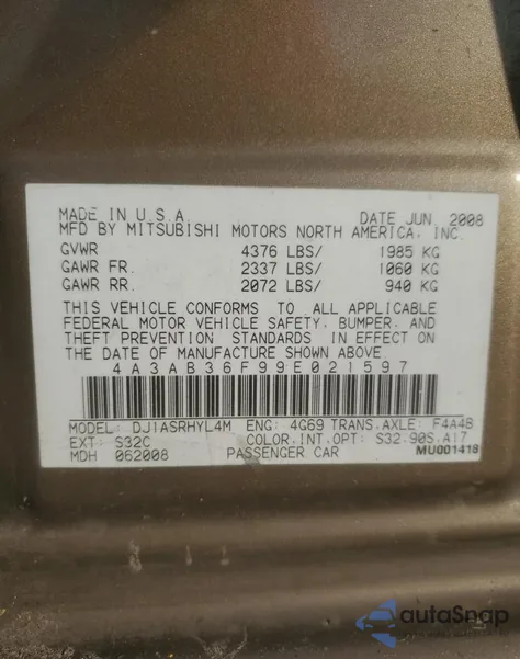 2009 Mitsubishi Galant Es from USA, damaged, VIN 4A3AB36F99E021597